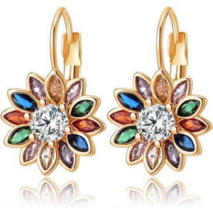image:imageAustrian Crystal Flower Drop Leverback Earrings for Women Fashion 14K Gold Plated Hypoallergenic JewelryColorful Main Crystal