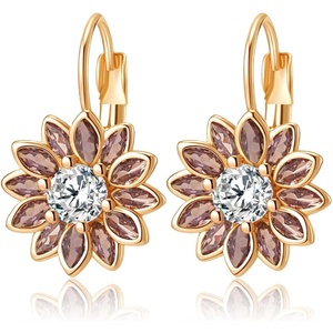 image:imageAustrian Crystal Flower Drop Leverback Earrings for Women Fashion 14K Gold Plated Hypoallergenic JewelryPink Main Crystal