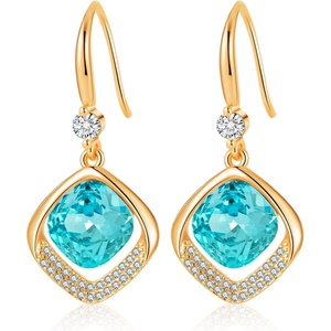 image:imageAustrian Crystal Halo Cushion Cut Square Drop Dangle Earrings for Women 14K Gold Plated Hypoallergenic Jewelry GiftsAquamarine