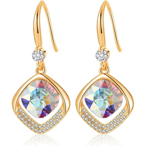 image:imageAustrian Crystal Halo Cushion Cut Square Drop Dangle Earrings for Women 14K Gold Plated Hypoallergenic Jewelry GiftsAurora Borealis