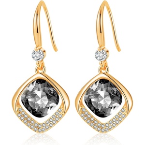 image:imageAustrian Crystal Halo Cushion Cut Square Drop Dangle Earrings for Women 14K Gold Plated Hypoallergenic Jewelry GiftsBlack