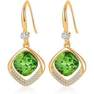 image:imageAustrian Crystal Halo Cushion Cut Square Drop Dangle Earrings for Women 14K Gold Plated Hypoallergenic Jewelry GiftsFern Green