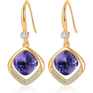 image:imageAustrian Crystal Halo Cushion Cut Square Drop Dangle Earrings for Women 14K Gold Plated Hypoallergenic Jewelry GiftsTanzanite