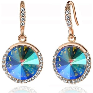 image:imageAustrian Crystal Halo Round Drop Dangle Earrings for Women 14K Gold Plated Hypoallergenic JewelryAurora Green