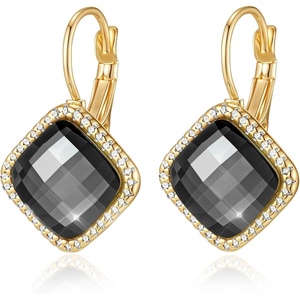 image:imageAustrian Crystal Halo Square Dangle Drop Earrings for Women  14K gold plated brasssecure leverbacksimple square designgift boxBlack