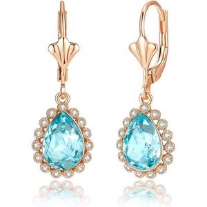 image:imageAustrian Crystal Halo Teardrop Dangle Earrings for Women  14K gold plated brasssecure leverbacksmall teardrop crystalgift boxAquamarine