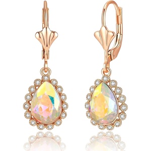 image:imageAustrian Crystal Halo Teardrop Dangle Earrings for Women  14K gold plated brasssecure leverbacksmall teardrop crystalgift boxAurora Borealis