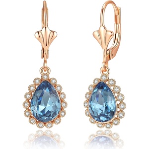 image:imageAustrian Crystal Halo Teardrop Dangle Earrings for Women  14K gold plated brasssecure leverbacksmall teardrop crystalgift boxDenim Blue