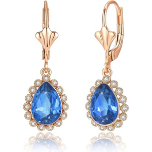 image:imageAustrian Crystal Halo Teardrop Dangle Earrings for Women  14K gold plated brasssecure leverbacksmall teardrop crystalgift boxSapphire