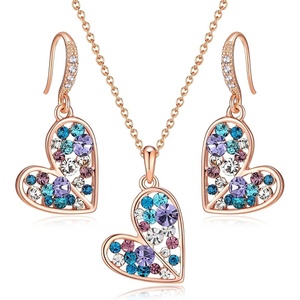 image:imageAustrian Crystal Heart Pendant Necklace Earrings Jewelry Sets for Women  Colorful Crystal14K rose gold plated brassCute heartshaped designgift box162 adjustable chainwomens jewelry setPurple Main CrystalRose Goldtone
