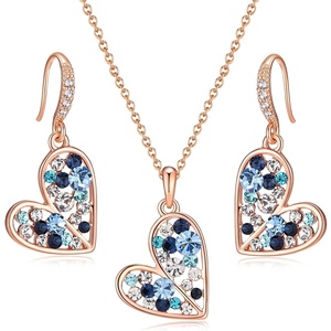 image:imageAustrian Crystal Heart Pendant Necklace Earrings Jewelry Sets for Women  Colorful Crystal14K rose gold plated brassCute heartshaped designgift box162 adjustable chainwomens jewelry setBlue Main CrystalRose Goldtone