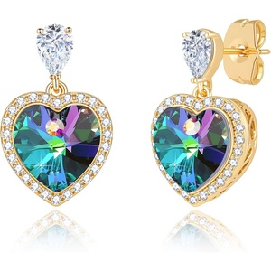 image:imageAustrian Crystal Heart Stud Dangle Earrings for Women  14K gold plated brassbutterfly claspShiny heart crystalhalo earringsgift boxRainbow