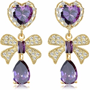 image:imageAustrian Crystal Heart Teardrop Bowknot Drop Dangle Stud Earrings for Women 14K White Gold Plated Hypoallergenic Jewelry Gifts for WomenPurple GoldTone