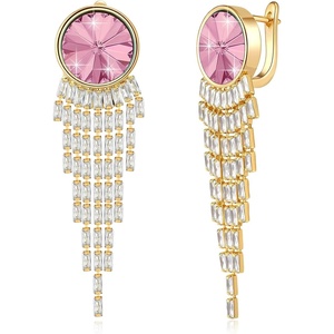 image:imageAustrian Crystal Long Tassel Dangling Drop Earrings for Women Round Leverback Earrings 14K Gold Plated Hypoallergenic Jewelry GiftPink