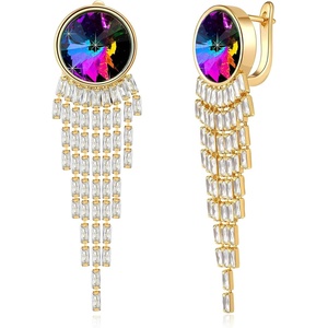 image:imageAustrian Crystal Long Tassel Dangling Drop Earrings for Women Round Leverback Earrings 14K Gold Plated Hypoallergenic Jewelry GiftRainbow