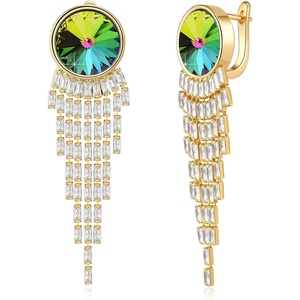 image:imageAustrian Crystal Long Tassel Dangling Drop Earrings for Women Round Leverback Earrings 14K Gold Plated Hypoallergenic Jewelry GiftVitrail Medium
