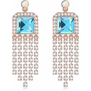 image:imageAustrian Crystal Square Tassel Dangle Drop Earrings for Women  14K gold plated brassSquare Austrian CrystalSparkle CZ TasselProm Party EarringsAquamarine