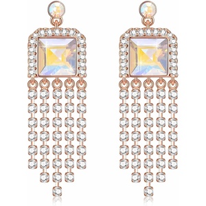 image:imageAustrian Crystal Square Tassel Dangle Drop Earrings for Women  14K gold plated brassSquare Austrian CrystalSparkle CZ TasselProm Party EarringsAurora Borealis