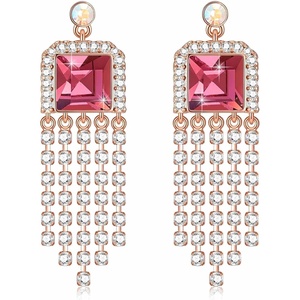 image:imageAustrian Crystal Square Tassel Dangle Drop Earrings for Women  14K gold plated brassSquare Austrian CrystalSparkle CZ TasselProm Party EarringsRose Pink