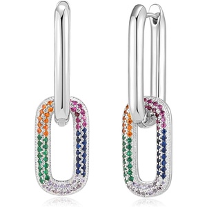 image:imageAustrian Crystals Paperclip Drop Earrings for Women 14K Gold Plated Double Huggie Dangle Earrings Hypoallergenic Sparkly JewelryMulticolor Oval DropSilvertone