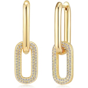image:imageAustrian Crystals Paperclip Drop Earrings for Women 14K Gold Plated Double Huggie Dangle Earrings Hypoallergenic Sparkly JewelryOval DropGoldtone