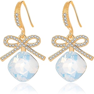 image:imageCushion Cut Austrian Crystal Bow Dangle Drop Earrings for Women  14K gold plated brasscushion cut crystalcute bow designhook earringsgift boxAir Blue Opal