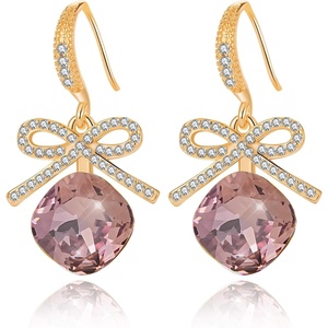 image:imageCushion Cut Austrian Crystal Bow Dangle Drop Earrings for Women  14K gold plated brasscushion cut crystalcute bow designhook earringsgift boxAntique Pink
