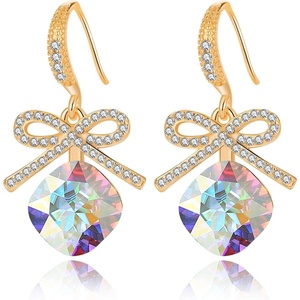 image:imageCushion Cut Austrian Crystal Bow Dangle Drop Earrings for Women  14K gold plated brasscushion cut crystalcute bow designhook earringsgift boxAurora Borealis