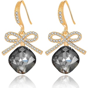 image:imageCushion Cut Austrian Crystal Bow Dangle Drop Earrings for Women  14K gold plated brasscushion cut crystalcute bow designhook earringsgift boxBlack