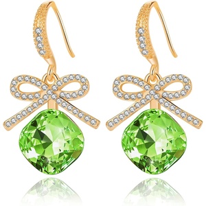 image:imageCushion Cut Austrian Crystal Bow Dangle Drop Earrings for Women  14K gold plated brasscushion cut crystalcute bow designhook earringsgift boxFern Green