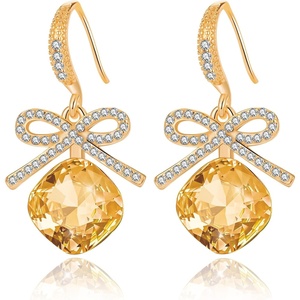 image:imageCushion Cut Austrian Crystal Bow Dangle Drop Earrings for Women  14K gold plated brasscushion cut crystalcute bow designhook earringsgift boxLight Topaz