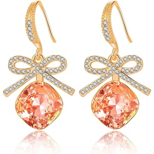 image:imageCushion Cut Austrian Crystal Bow Dangle Drop Earrings for Women  14K gold plated brasscushion cut crystalcute bow designhook earringsgift boxPadparadscha