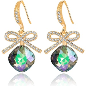 image:imageCushion Cut Austrian Crystal Bow Dangle Drop Earrings for Women  14K gold plated brasscushion cut crystalcute bow designhook earringsgift boxRainbow