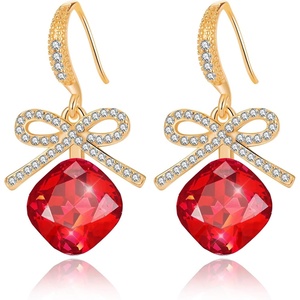 image:imageCushion Cut Austrian Crystal Bow Dangle Drop Earrings for Women  14K gold plated brasscushion cut crystalcute bow designhook earringsgift boxRed