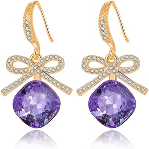 image:imageCushion Cut Austrian Crystal Bow Dangle Drop Earrings for Women  14K gold plated brasscushion cut crystalcute bow designhook earringsgift boxTanzanite