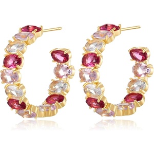 image:imageDazzling Multicolor Austrian Crystal 14K Gold Plated Hoop Earrings for Women Fashion Hypoallergenic Jewelry GiftPink Main CrystalGoldtone