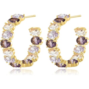 image:imageDazzling Multicolor Austrian Crystal 14K Gold Plated Hoop Earrings for Women Fashion Hypoallergenic Jewelry GiftPurple Main CrystalGoldtone