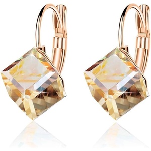 image:imageEVEVIC Austrian Crystal Cube Drop Leverback Earrings for Women  14K Rose GoldPlated HypoallergenicGeometric Cube EarringsCrystal Dangle StyleSecure Leverback ClosureGift for WomenLight Topaz