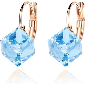 image:imageEVEVIC Austrian Crystal Cube Drop Leverback Earrings for Women  14K Rose GoldPlated HypoallergenicGeometric Cube EarringsCrystal Dangle StyleSecure Leverback ClosureGift for WomenAquamarine