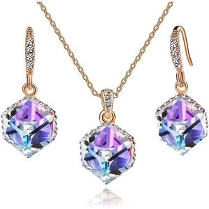 image:imageEVEVIC Austrian Crystal Cube Pendant Necklace and Earrings Set for Women  14K GoldPlated FinishMatching Jewelry SetGeometric Cube PendantCrystal Dangle EarringsJewelry GiftVitrail Light Rose Goldtone
