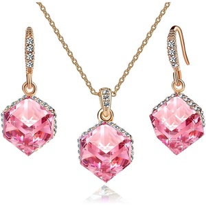 image:imageEVEVIC Austrian Crystal Cube Pendant Necklace and Earrings Set for Women  14K GoldPlated FinishMatching Jewelry SetGeometric Cube PendantCrystal Dangle EarringsJewelry GiftPink Crystal Rose Goldtone