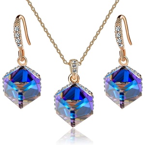 image:imageEVEVIC Austrian Crystal Cube Pendant Necklace and Earrings Set for Women  14K GoldPlated FinishMatching Jewelry SetGeometric Cube PendantCrystal Dangle EarringsJewelry GiftBlue Crystal Rose Goldtone