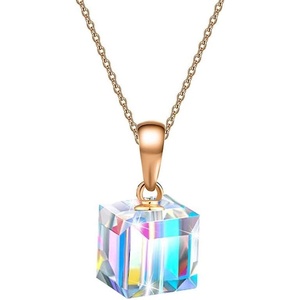 image:imageEVEVIC Austrian Crystal Cube Pendant Necklaces for Women 14K Gold Plated Hypoallergenic Dainty JewelryAurora Borealis