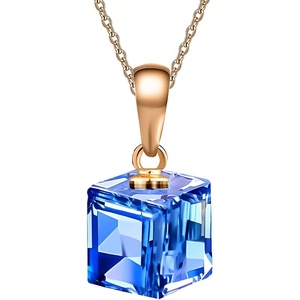 image:imageEVEVIC Austrian Crystal Cube Pendant Necklaces for Women 14K Gold Plated Hypoallergenic Dainty JewelrySapphire