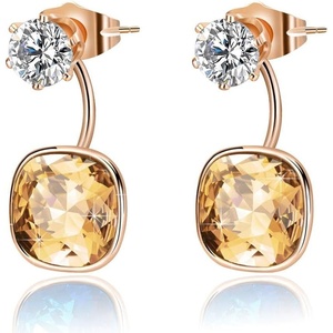 image:imageEVEVIC Austrian Crystal Earring Jackets for Women Square Drop Earrings  2In1 Front Back Earrings Square Crystal Drop Round Stud Top 14K GoldPlated Finish Wedding Guest And Dinner WearYellowGolden