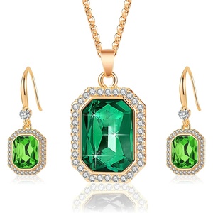 image:imageEVEVIC Austrian Crystal Halo Octagon Pendant Necklaces Earrings Set for Women 14K Gold Plated Fashion Dainty Hypoallergenic Jewelry Sets Fern Green