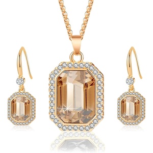 image:imageEVEVIC Austrian Crystal Halo Octagon Pendant Necklaces Earrings Set for Women 14K Gold Plated Fashion Dainty Hypoallergenic Jewelry Sets Light Topaz