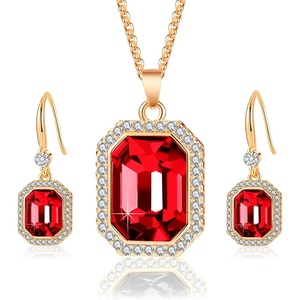 image:imageEVEVIC Austrian Crystal Halo Octagon Pendant Necklaces Earrings Set for Women 14K Gold Plated Fashion Dainty Hypoallergenic Jewelry Sets Red