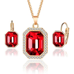 image:imageEVEVIC Austrian Crystal Octagon Pendant Necklaces Earrings Set for Women 14K Gold Plated Hypoallergenic Fashion Jewelry Sets Red