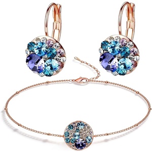 image:imageEVEVIC Austrian Crystal Rhinestone Leverback Drop Earrings and Bracelet Set for Women 14K Gold Plated Dainty Colorful Charm Jewelry Gift Purple